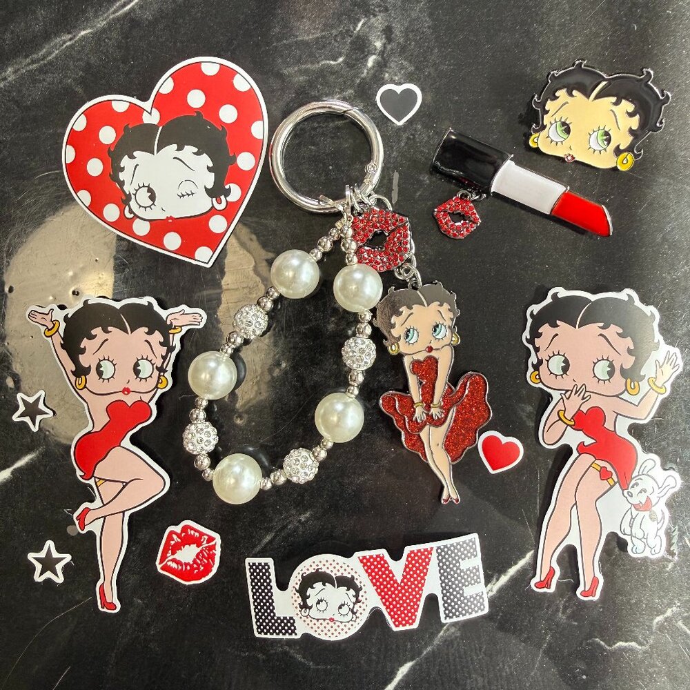 Betty Boop Bundle! Includes: Glitter Keychain, Enamel Pins & Cute Stickers Set